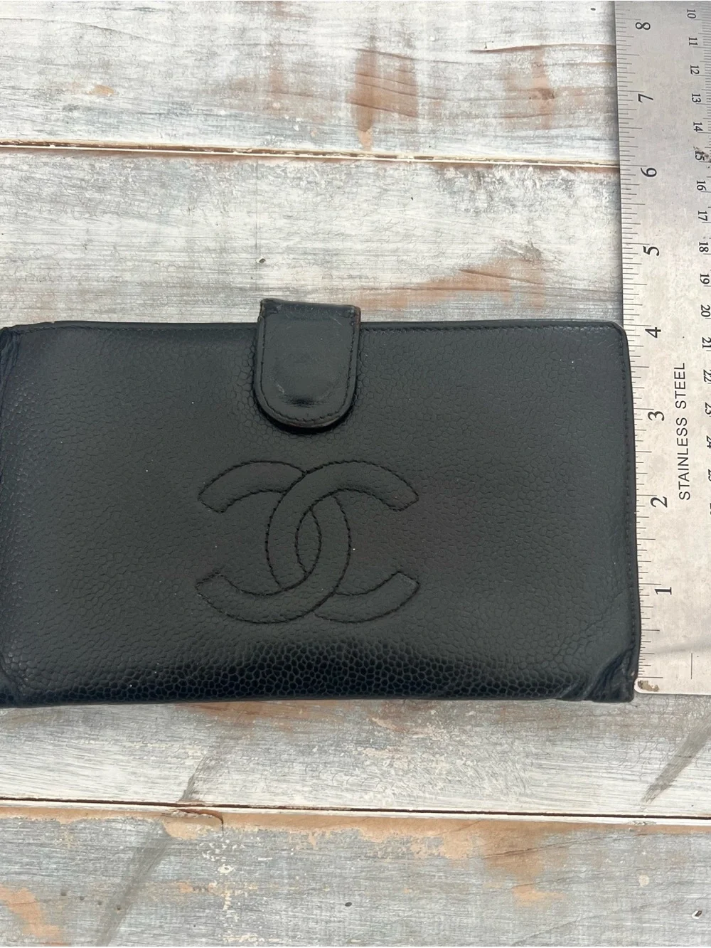 Vintage Chanel Black Caviar Leather Wallet CC Logo Bifold Wallet Made in France